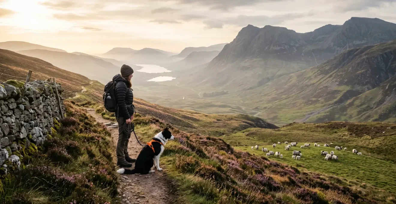 Dog owner with border collie on lead observing Highland sheep and lambs from safe distance in Scottish landscape