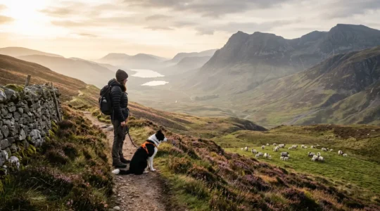 Dog owner with border collie on lead observing Highland sheep and lambs from safe distance in Scottish landscape