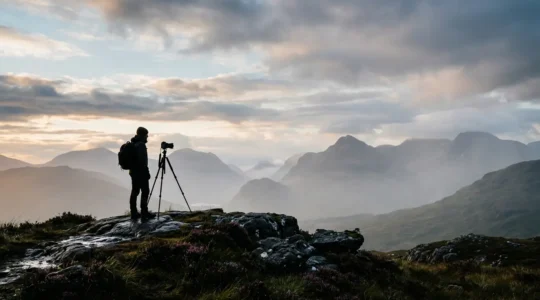 Photographer capturing highland peaks during golden hour in misty conditions