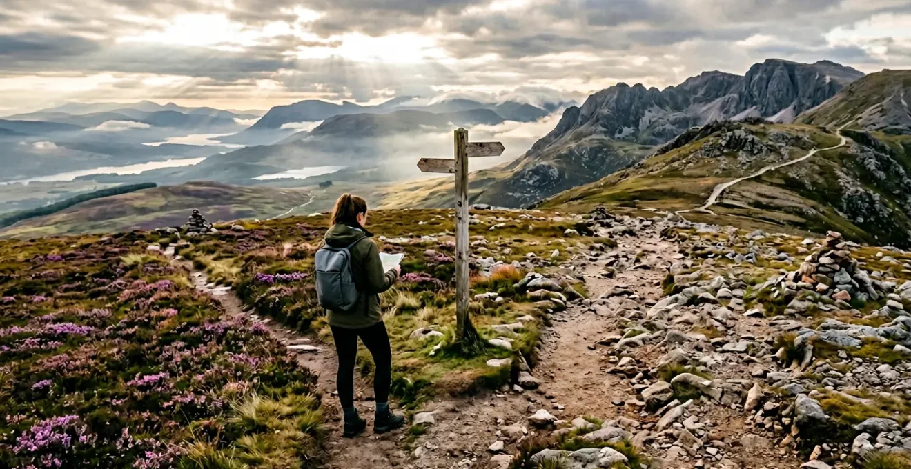 Hiker at mountain trail junction with two paths diverging through Scottish Highland scenery