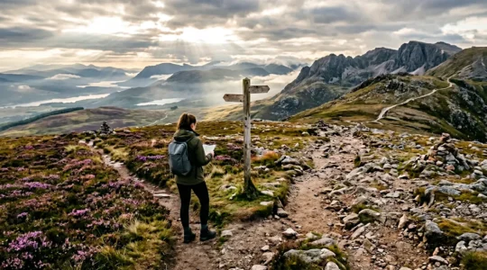 Hiker at mountain trail junction with two paths diverging through Scottish Highland scenery
