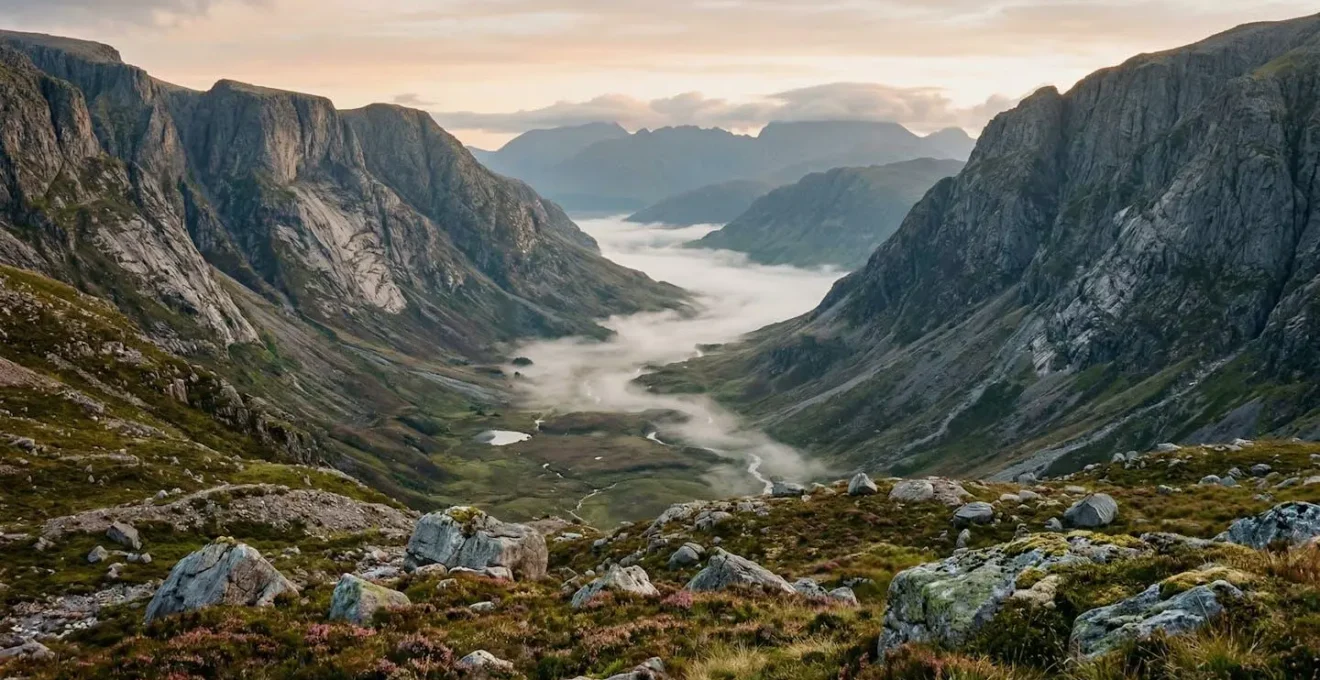 Misty morning view of a U-shaped glacial valley in the Scottish Highlands with characteristic steep valley walls and flat floor