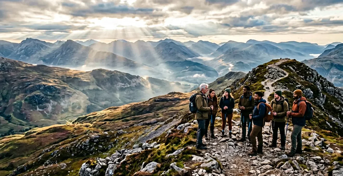 Group of hikers on a Scottish mountain trail with rolling highlands in background