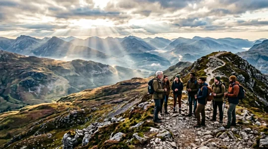Group of hikers on a Scottish mountain trail with rolling highlands in background