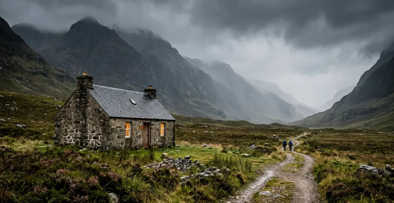 Remote stone bothy shelter in Scottish Highlands wilderness with hikers approaching