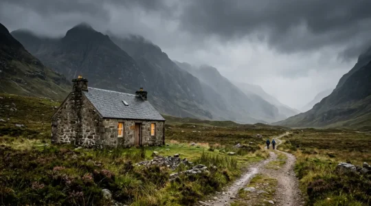 Remote stone bothy shelter in Scottish Highlands wilderness with hikers approaching