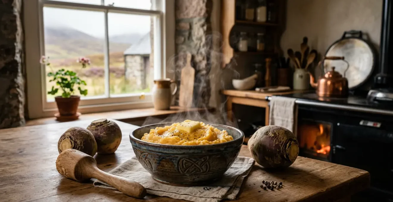 Traditional Scottish kitchen scene showing the perfect mashing technique for neeps and tatties