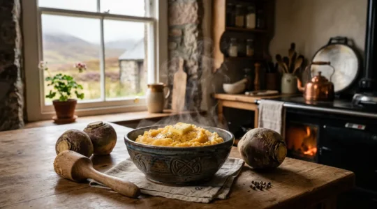 Traditional Scottish kitchen scene showing the perfect mashing technique for neeps and tatties