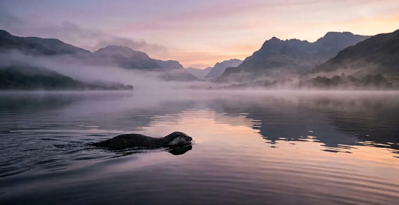 An otter emerging from misty Scottish loch waters at dawn with Highland mountains in the background