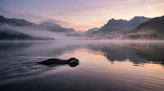 An otter emerging from misty Scottish loch waters at dawn with Highland mountains in the background