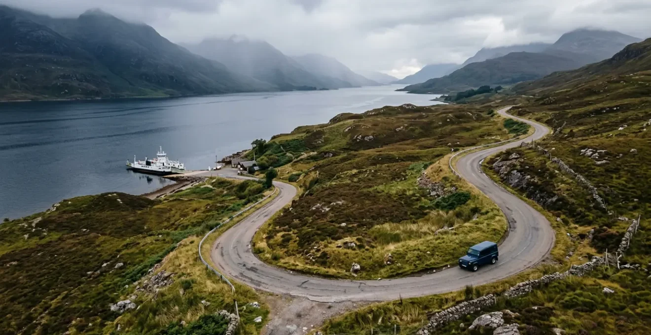 Scenic Scottish Highlands road with ferry view and budget planning elements