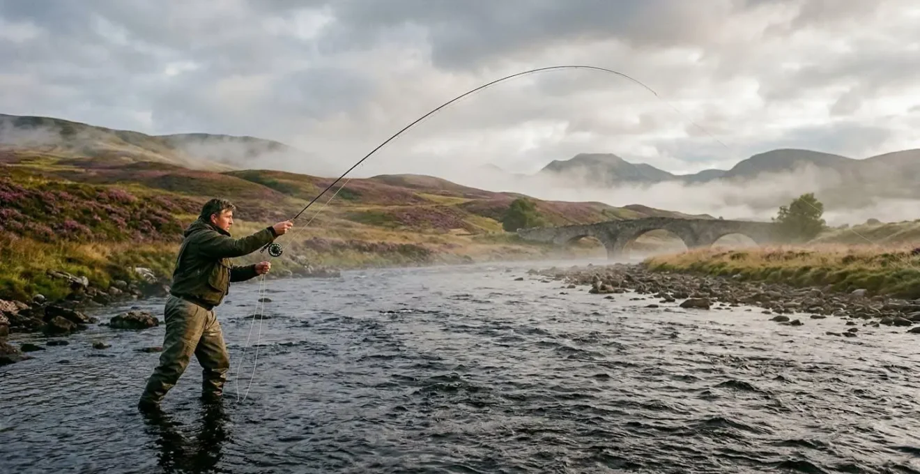 Scenic view of salmon fishing on a Scottish river with an angler casting in misty morning light
