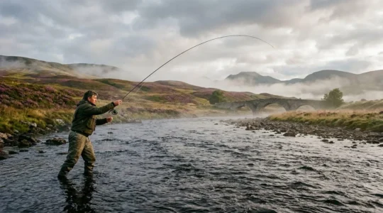 Scenic view of salmon fishing on a Scottish river with an angler casting in misty morning light