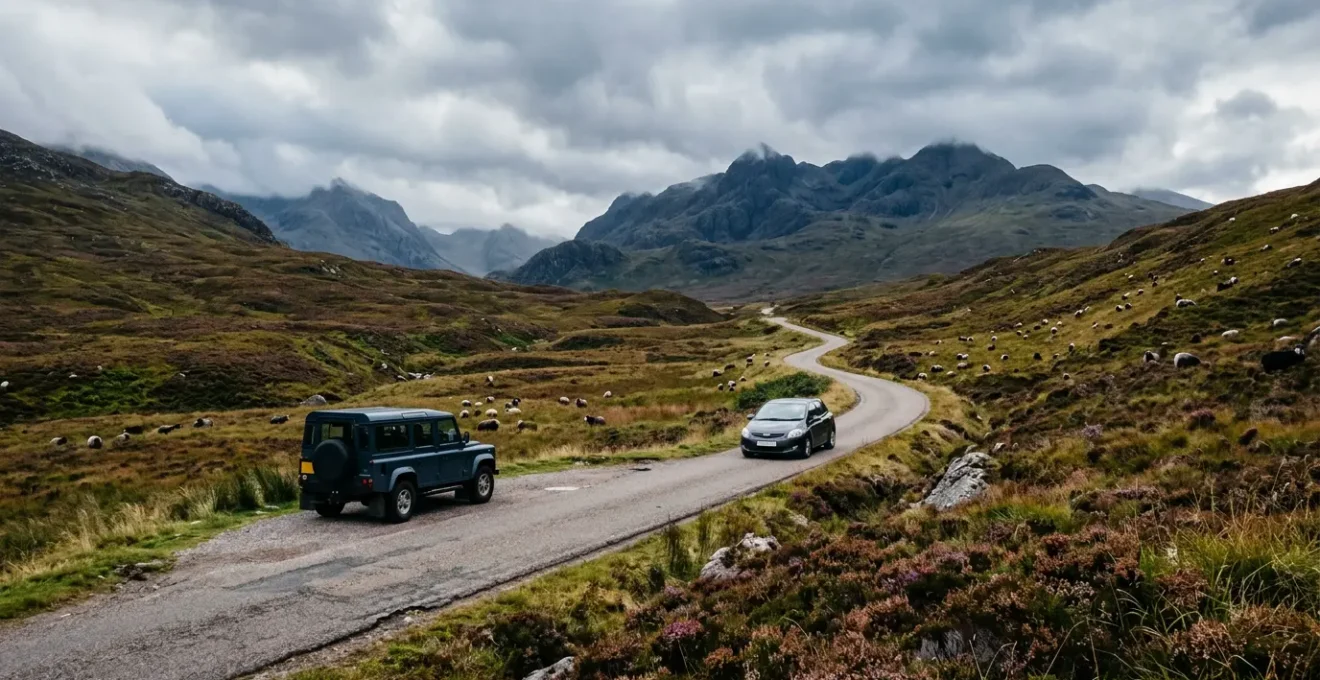 Car waiting at a passing place on a narrow single-track road in the Scottish Highlands