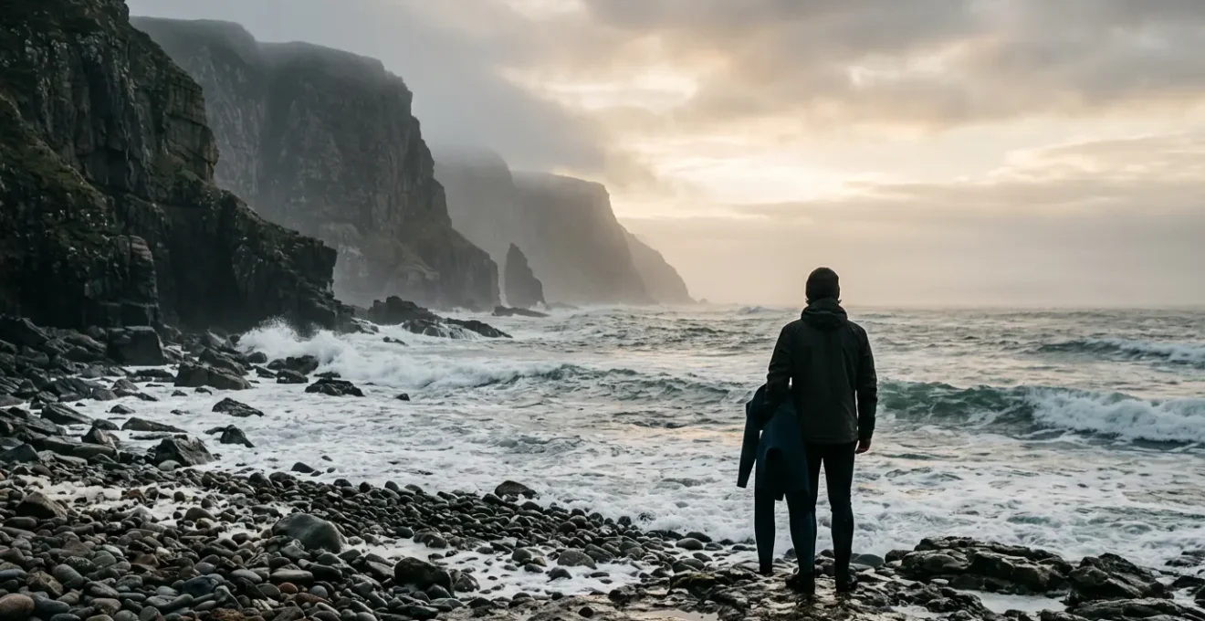 Scottish surfer preparing wetsuit at dawn on rugged Highland beach with dramatic cliffs