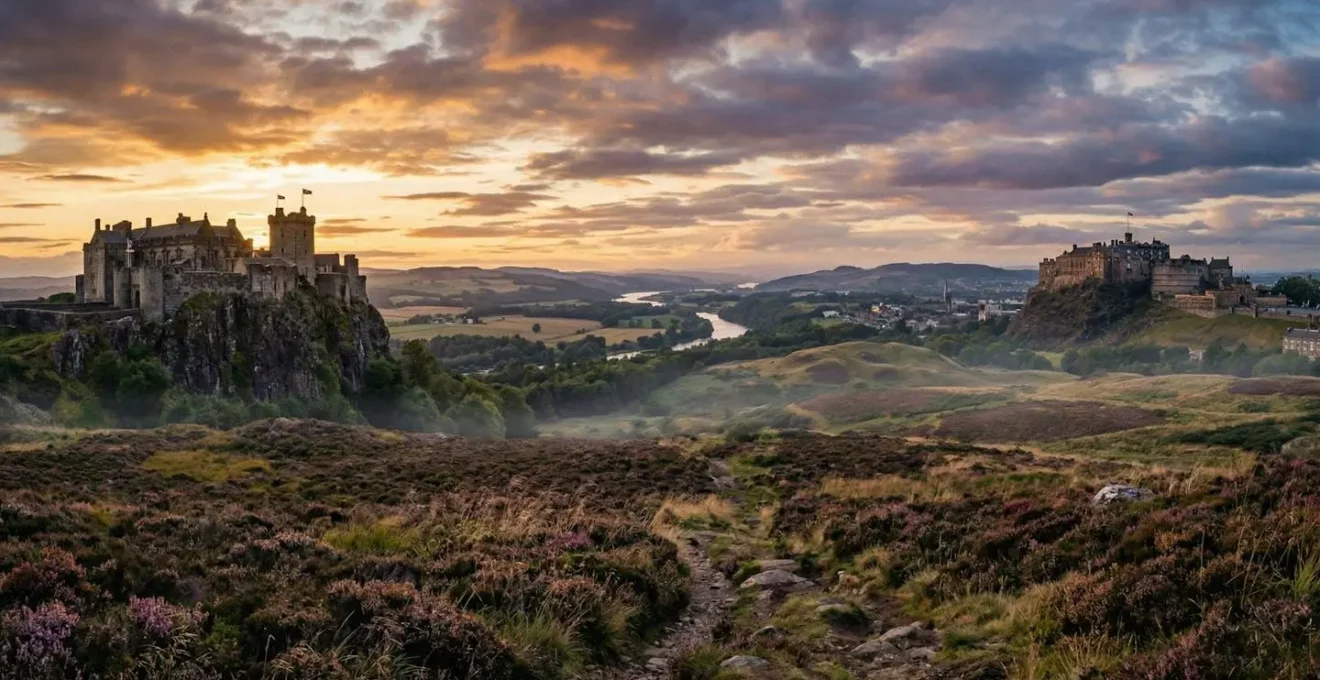 Twin medieval Scottish castles on volcanic crags at golden hour with military fortifications and battlements