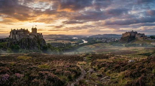 Twin medieval Scottish castles on volcanic crags at golden hour with military fortifications and battlements