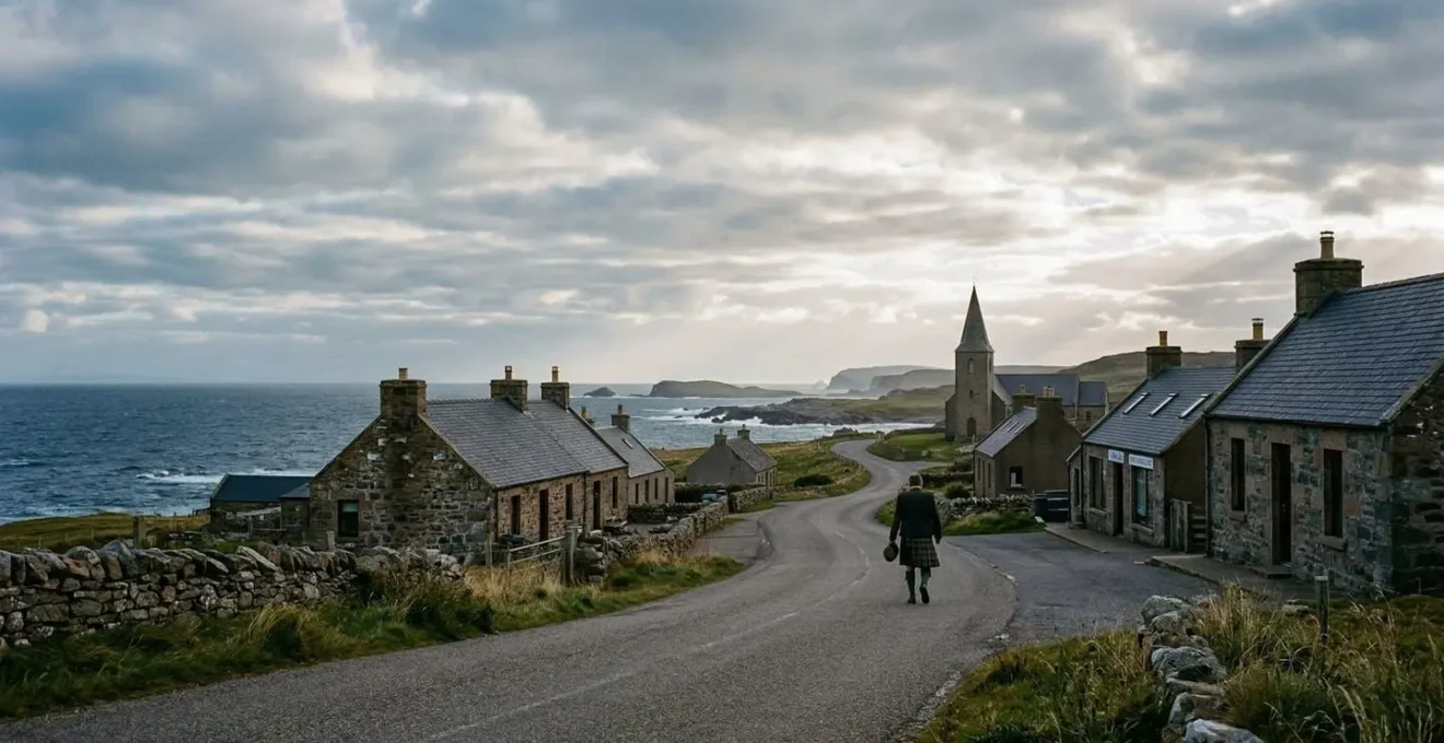 Serene coastal landscape of Lewis showing traditional cottages on Sunday with closed shops and empty roads
