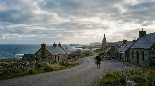 Serene coastal landscape of Lewis showing traditional cottages on Sunday with closed shops and empty roads