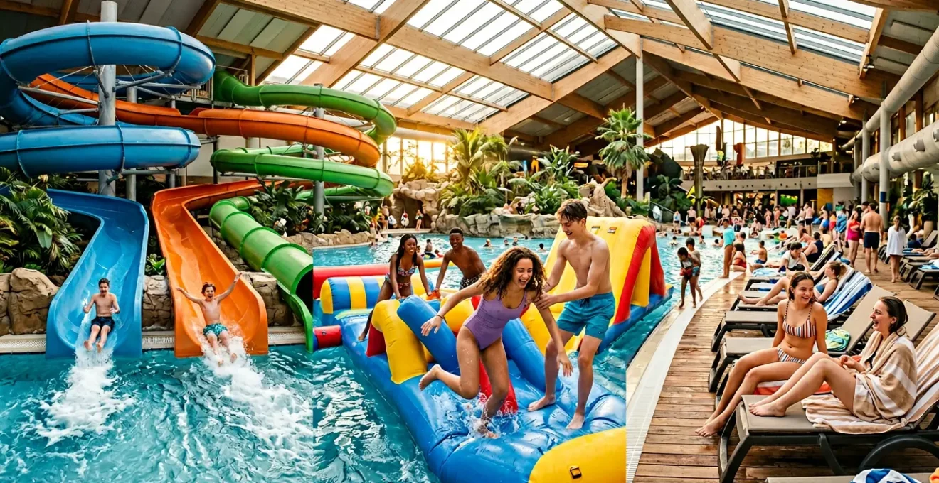 Teenagers having fun at a holiday park swimming pool with water features and lounging areas