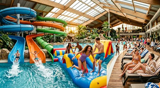 Teenagers having fun at a holiday park swimming pool with water features and lounging areas