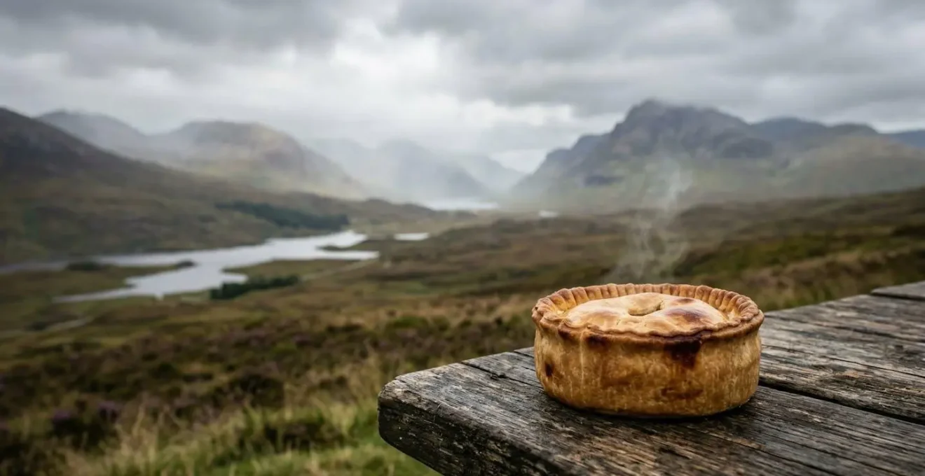 Traditional Scotch pie with golden crust against Scottish Highland backdrop
