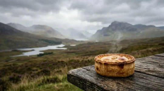 Traditional Scotch pie with golden crust against Scottish Highland backdrop