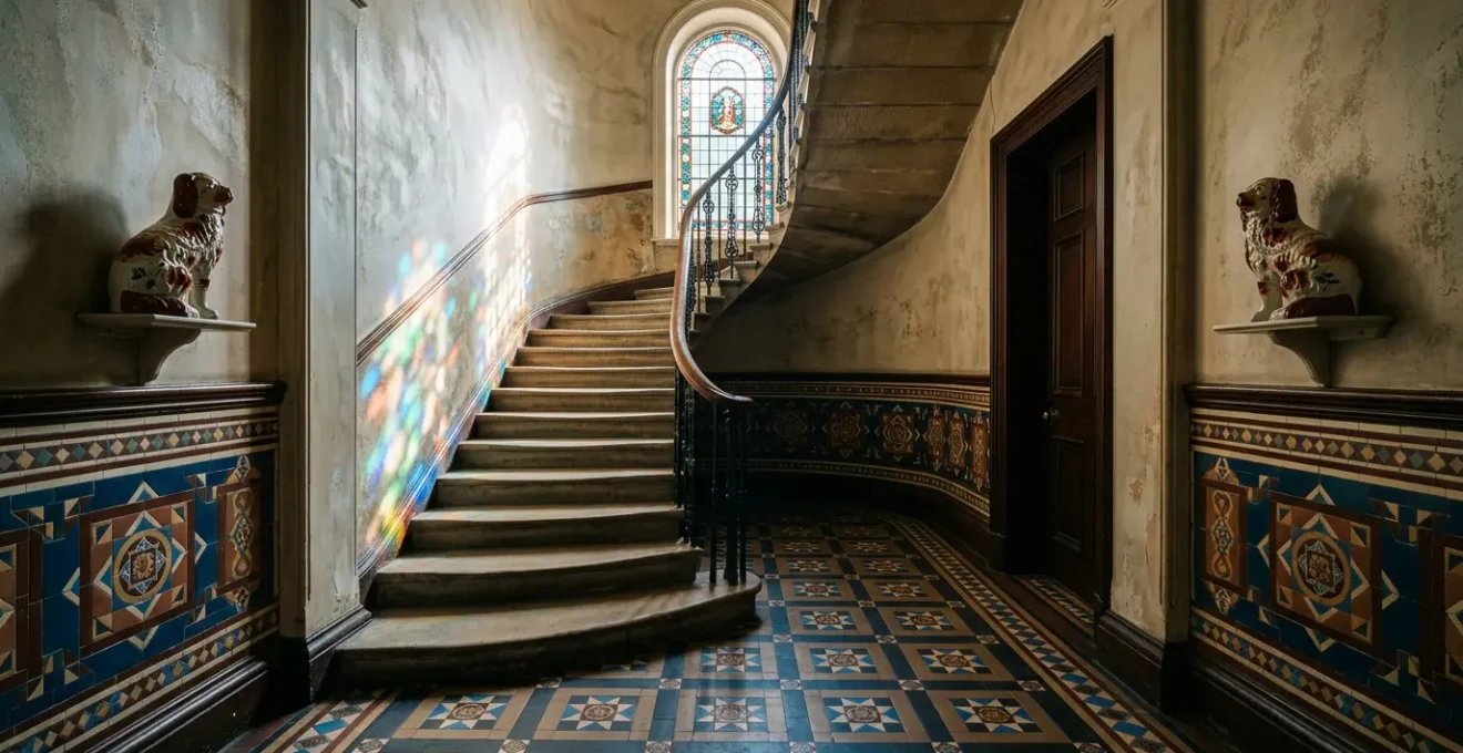 Ornate Victorian tenement entrance hall with wally dugs and decorative tiles