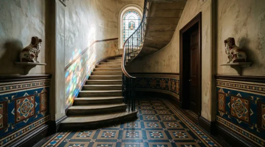 Ornate Victorian tenement entrance hall with wally dugs and decorative tiles