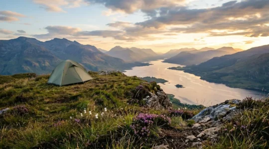 Solitary tent pitched on elevated grassy slope overlooking Loch Lomond during golden hour with mountains in background