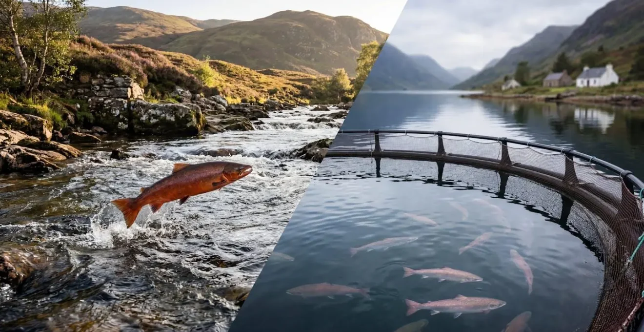 Split composition showing wild salmon leaping upstream against farmed salmon in marine pens with Scottish Highland landscape backdrop