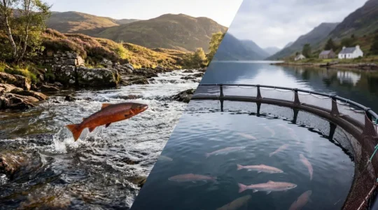 Split composition showing wild salmon leaping upstream against farmed salmon in marine pens with Scottish Highland landscape backdrop