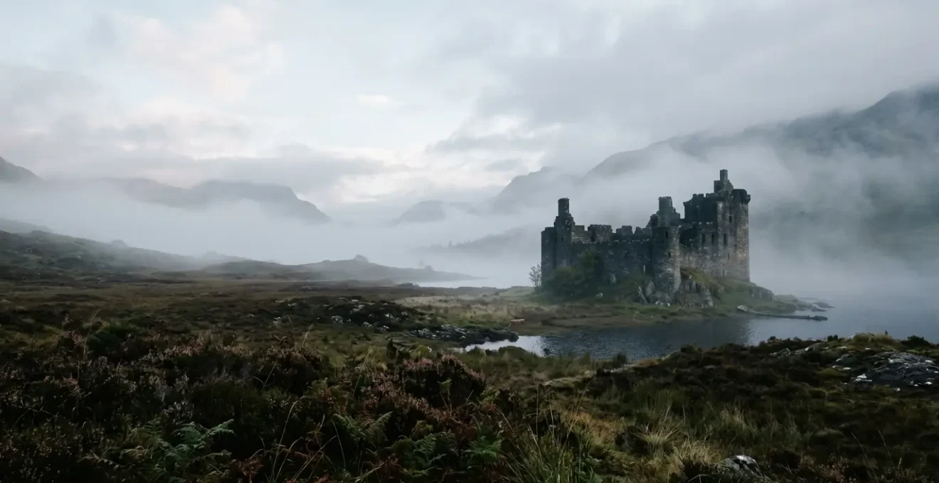 Medieval Scottish castle on misty highlands with ancient stone walls
