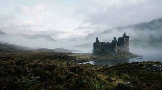 Medieval Scottish castle on misty highlands with ancient stone walls