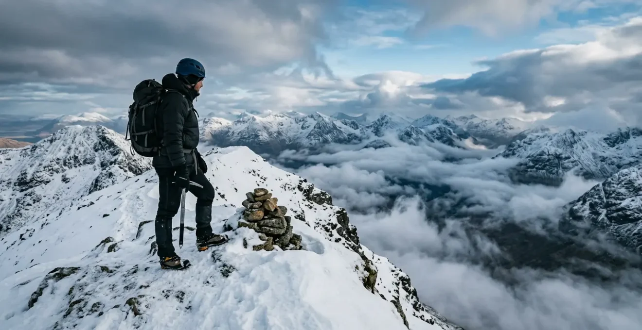 Winter mountaineer on snowy Scottish Munro summit with ice axe and full winter gear