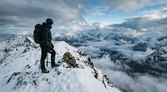 Winter mountaineer on snowy Scottish Munro summit with ice axe and full winter gear