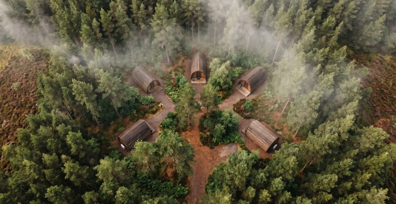 Aerial perspective of strategically spaced glamping pods nestled in Scottish pine forest