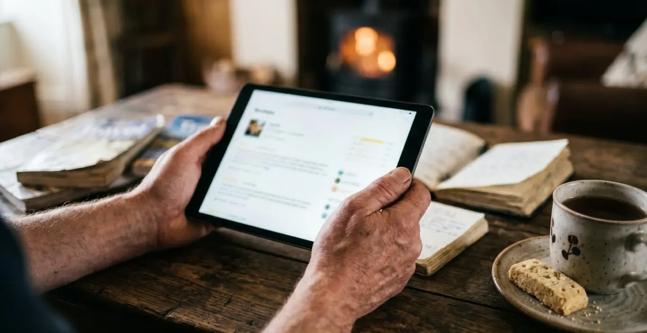Close-up of hands examining travel reviews on multiple devices in cozy Scottish setting