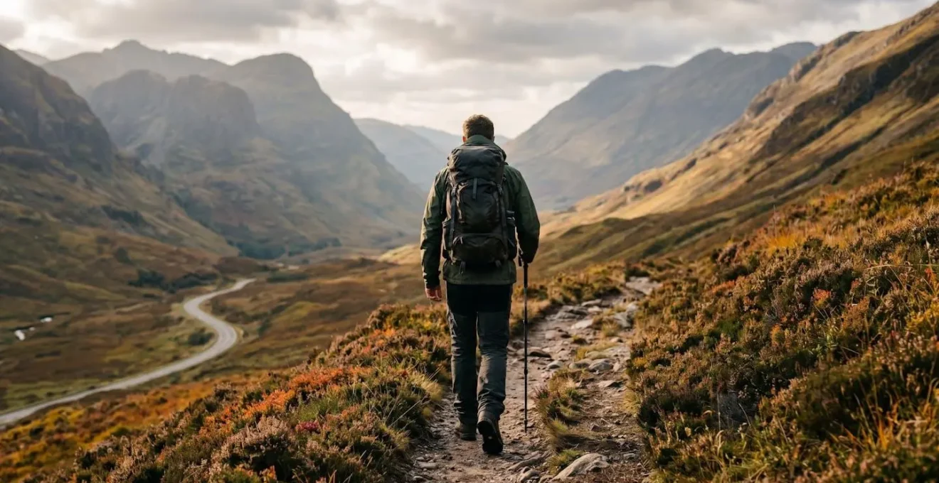 Lone hiker with backpack walking along mountain trail away from distant road in Scottish landscape