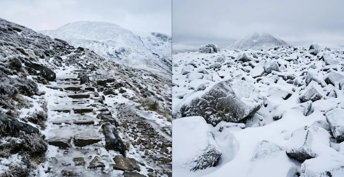Split view comparison of Ben Lomond path and Schiehallion boulder field in winter