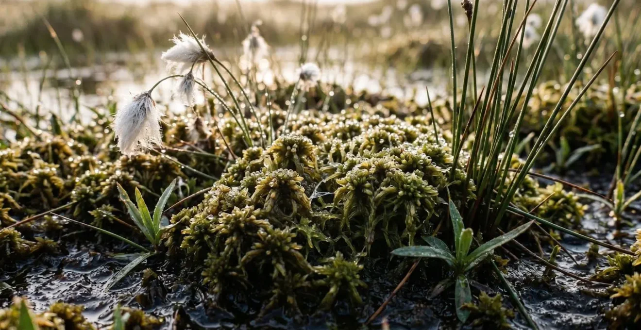 Close-up view of wet ground showing sphagnum moss and rushes with morning dew