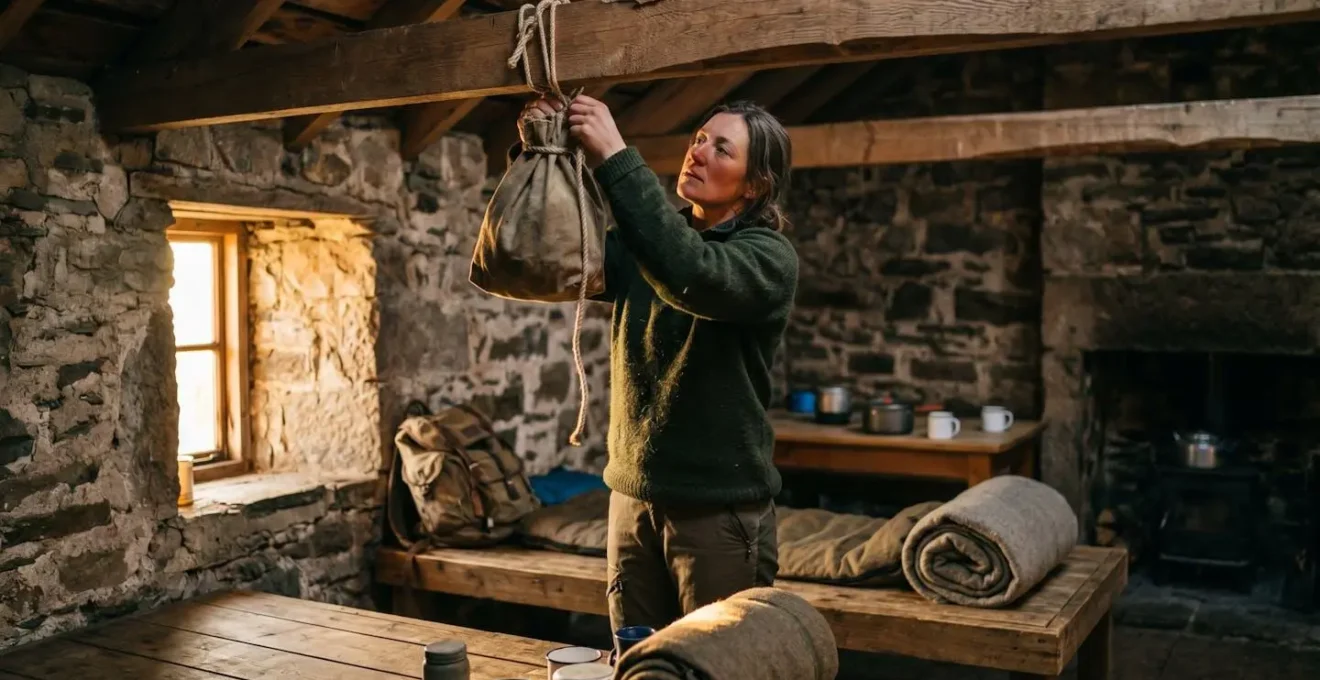 Interior view of bothy showing food bags hanging from wooden rafters