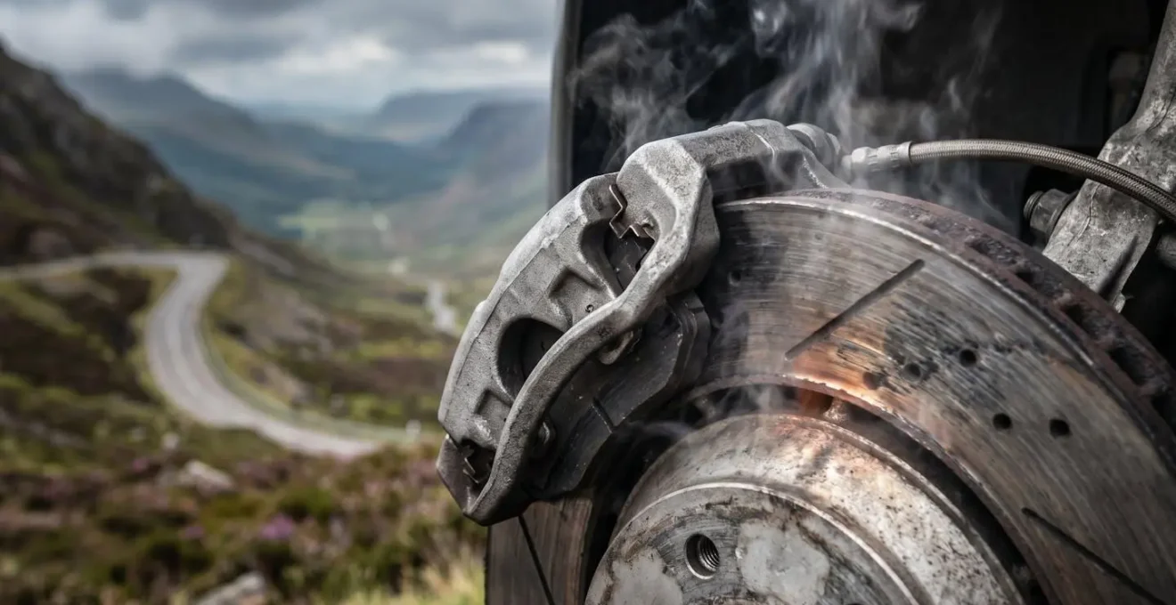 Close-up of car brakes on steep Highland descent with visible heat rising from the rotor.