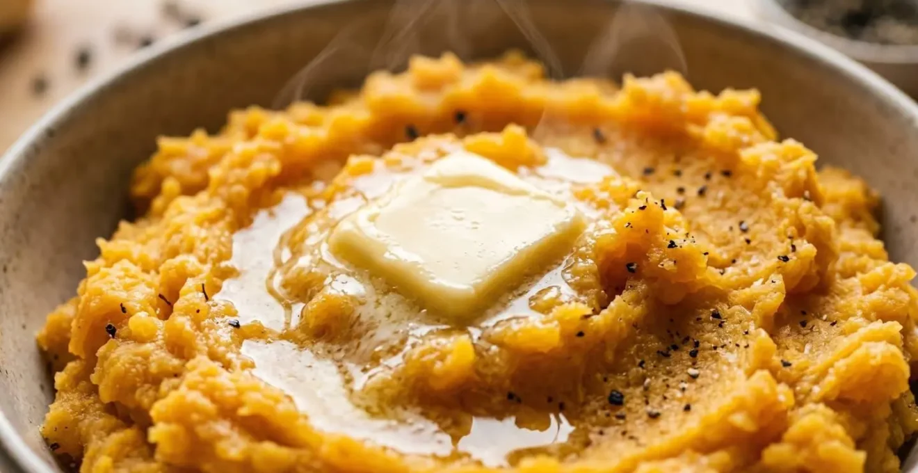 Close-up of butter melting into freshly mashed neeps showing perfect creamy texture