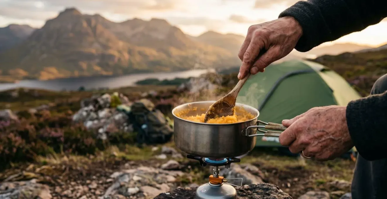 Camping stove setup with neeps and tatties being prepared in a Scottish Highland setting