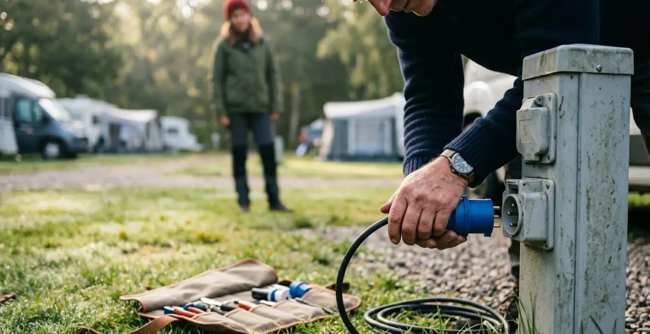 A close-up of a person's hands plugging a blue CEE camping electrical socket into a post.