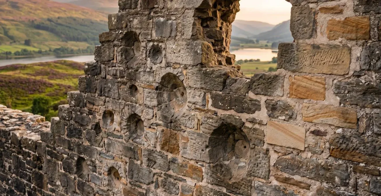 Stone wall surface showing multiple cannonball impact craters and battle damage from different historical periods