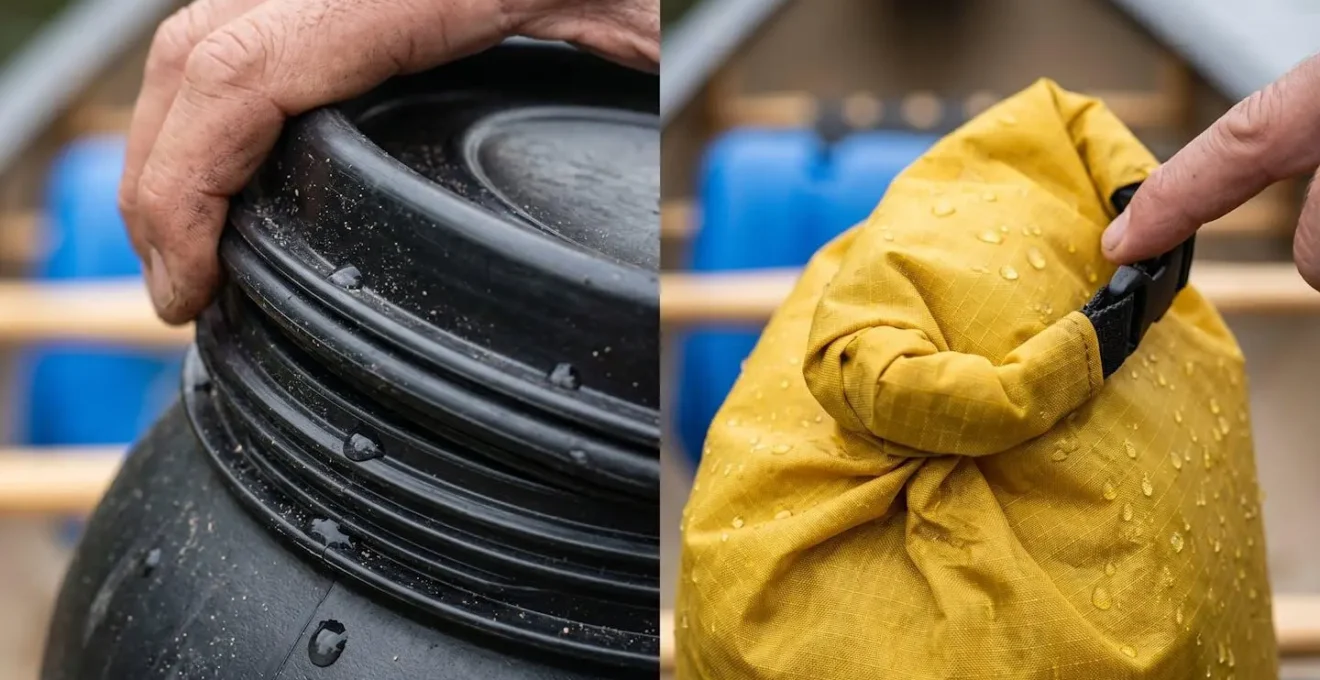 Macro detail of waterproof barrel O-ring seal and dry bag roll-top closure system