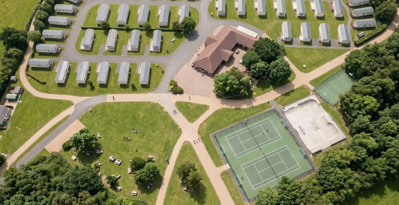 Aerial view of holiday park layout highlighting teen activity zones and caravan locations