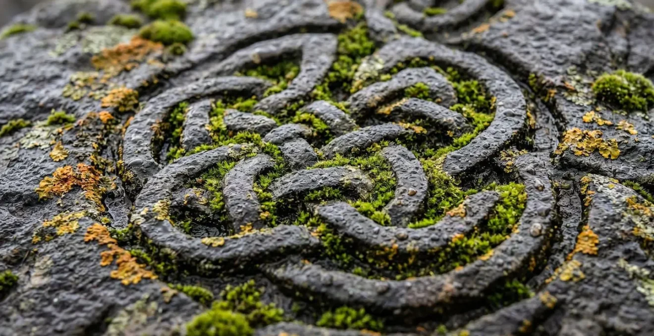 Macro shot of carved Celtic knot pattern on weathered Highland stone with moss